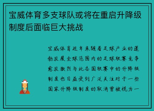 宝威体育多支球队或将在重启升降级制度后面临巨大挑战