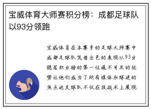 宝威体育大师赛积分榜：成都足球队以93分领跑