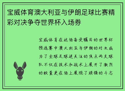 宝威体育澳大利亚与伊朗足球比赛精彩对决争夺世界杯入场券