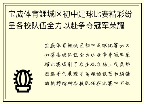 宝威体育鲤城区初中足球比赛精彩纷呈各校队伍全力以赴争夺冠军荣耀