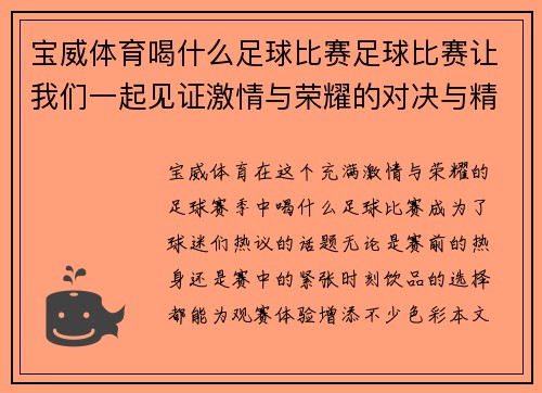 宝威体育喝什么足球比赛足球比赛让我们一起见证激情与荣耀的对决与精彩瞬间