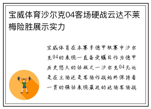 宝威体育沙尔克04客场硬战云达不莱梅险胜展示实力